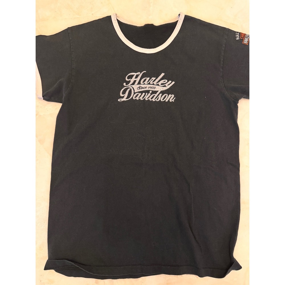 Harley Davidson Milwaukee WI Embroidered Ringer T-Shirt Black Women Small